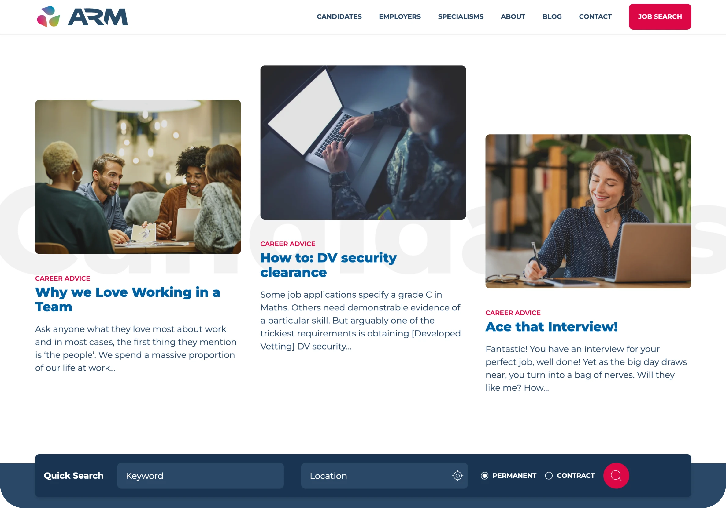 A desktop screenshot of the ARM Recruitment cadidates featured news posts