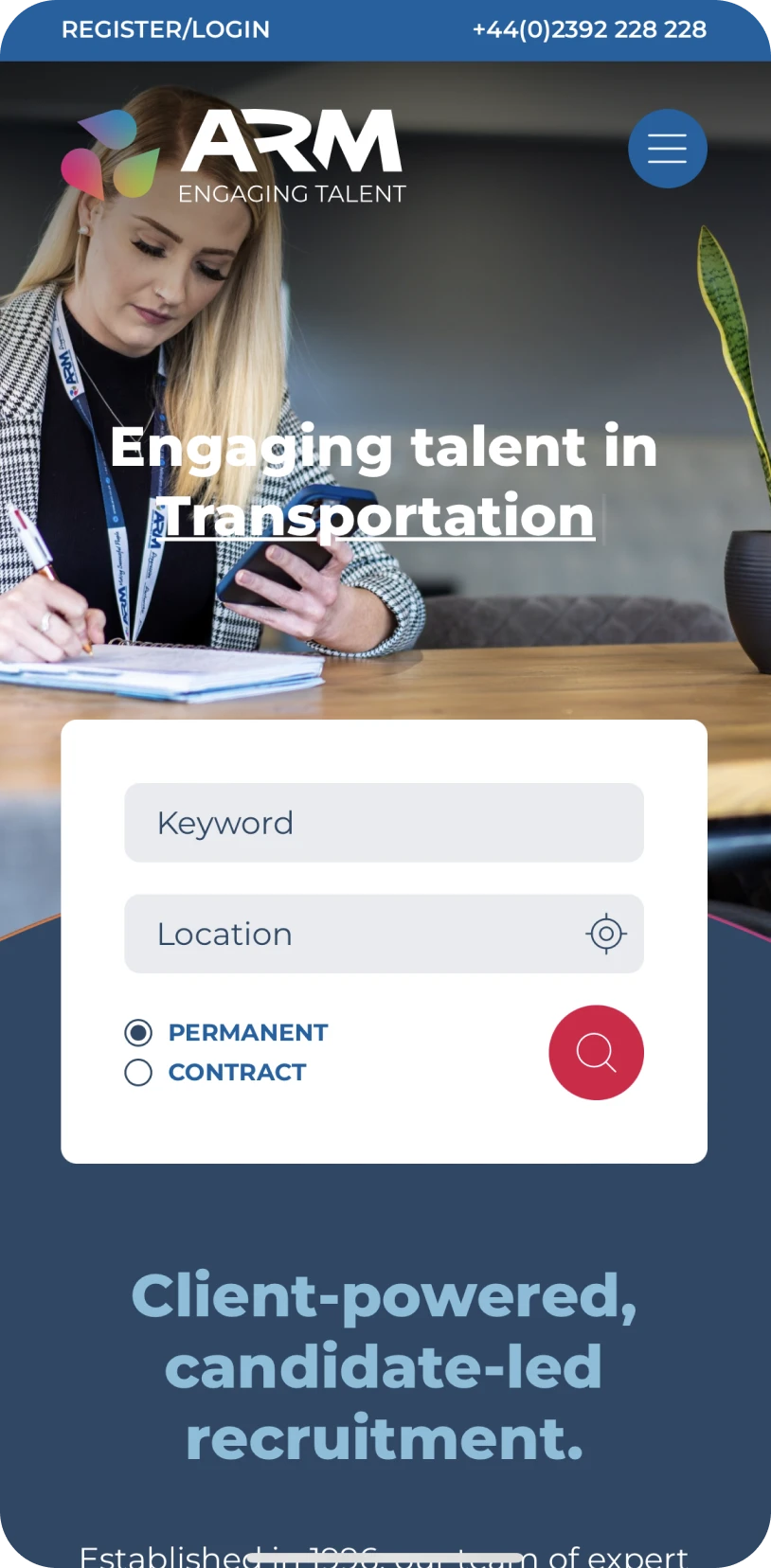 A mobile screenshot of the ARM Recruitment website home page