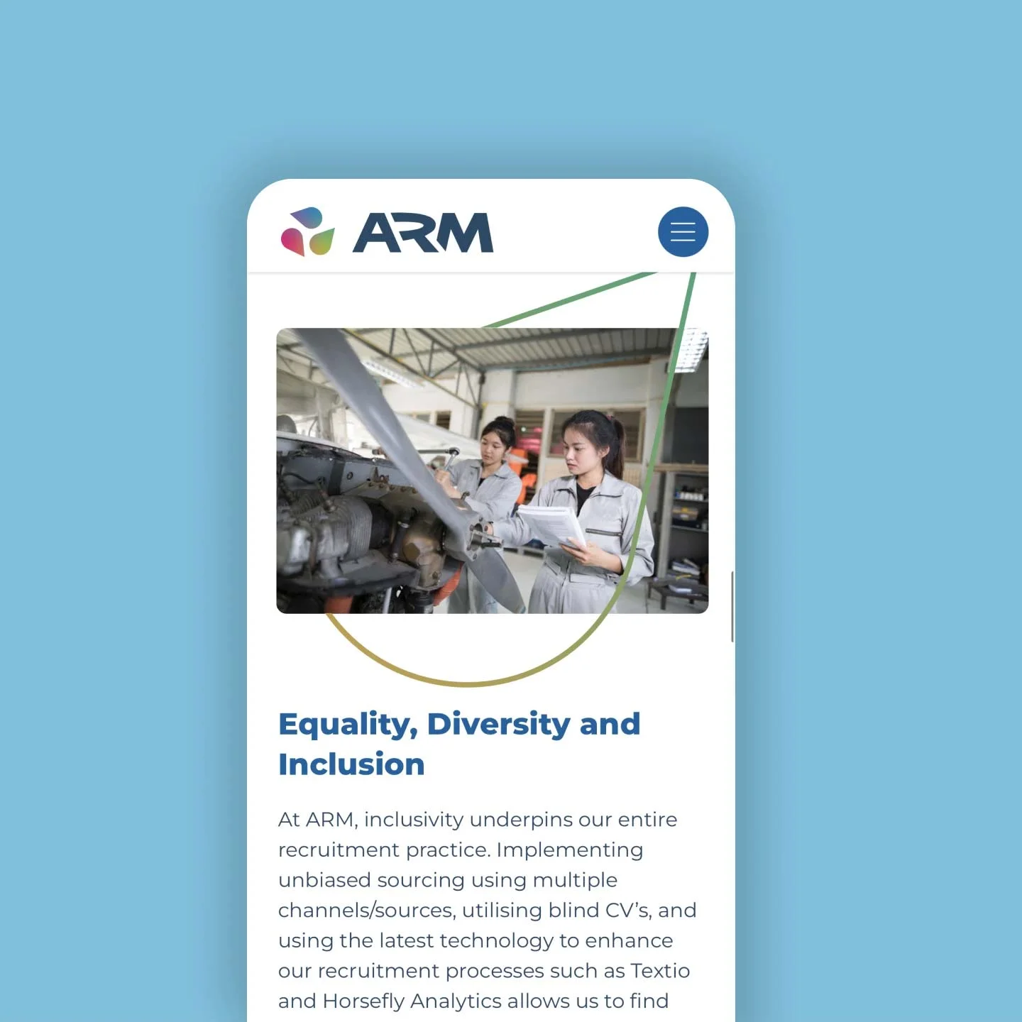A mobile screenshot of the equality,diversity and inclusion section of the ARM recruitment website