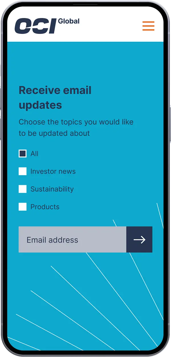 OCI Global sign up section on a mobile