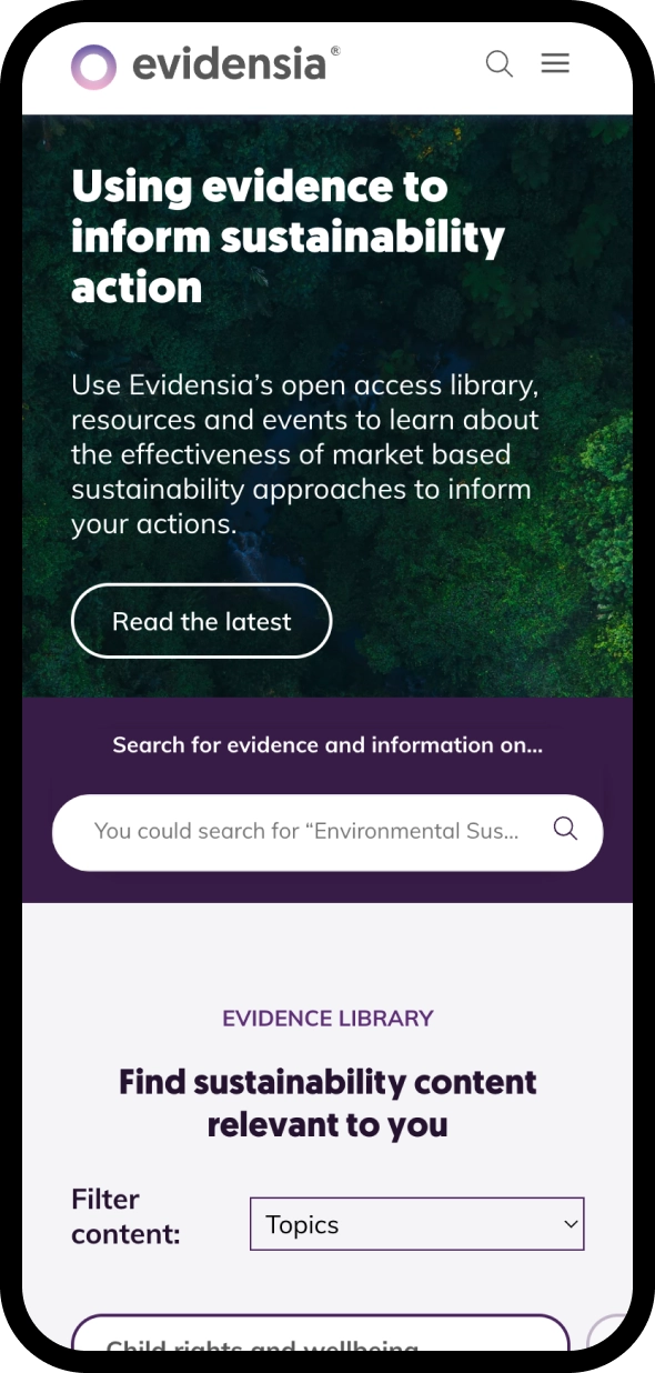 Evidensia homepage on a mobile device