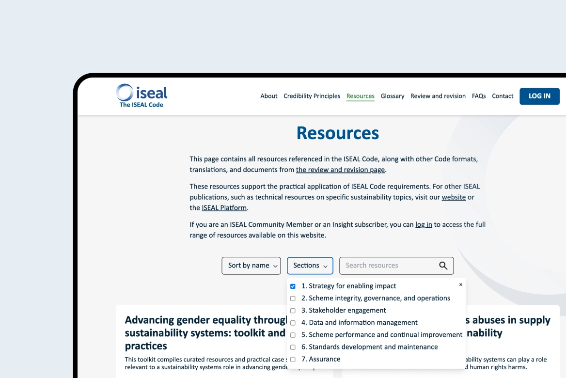 Close up of tablet showing ISEAL Resources page