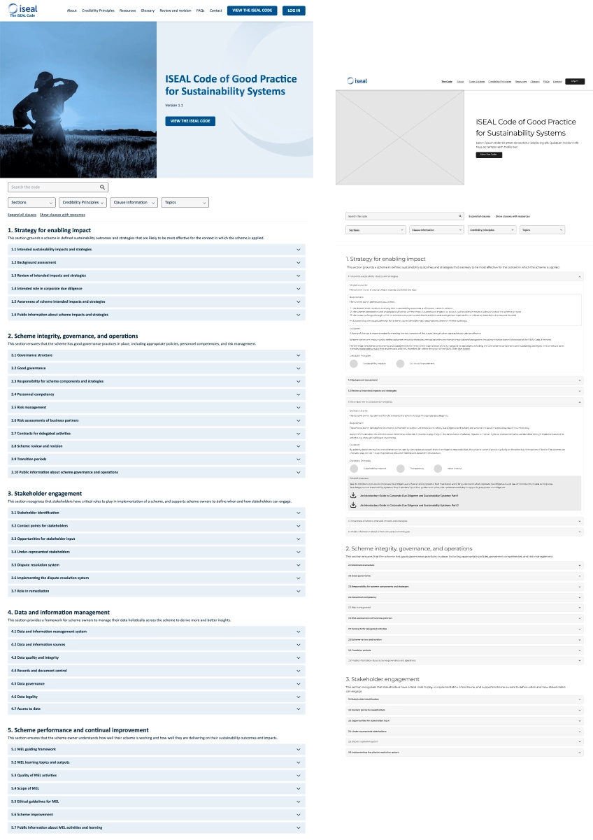 ISEAL website screenshots side by side with wireframe design